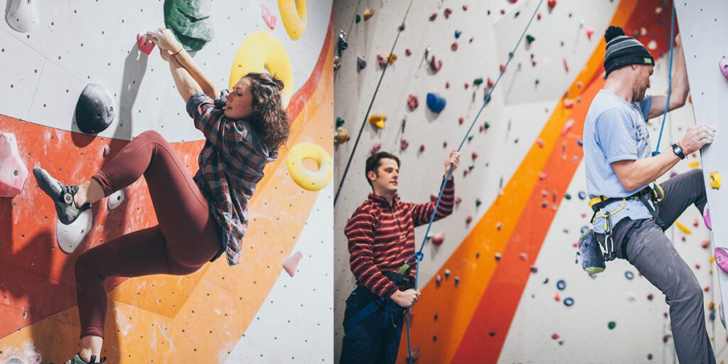 A lady bouldering and two men commencing a roped climb. One belaying and one climbing