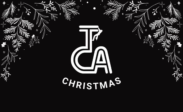 A black and white graphic header showing christmasy elements such as holly alongside a TCA logo