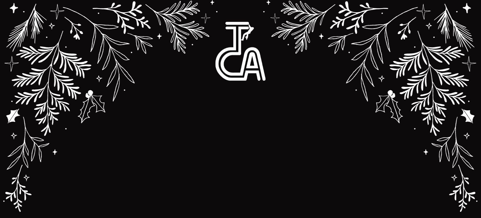 A black and white graphic header showing christmasy elements such as holly alongside a TCA logo