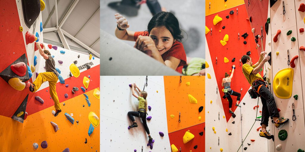 A photo collage: a man bouldering. a child smiling while bouldering, a child rope climbing and a man and women rope climbing