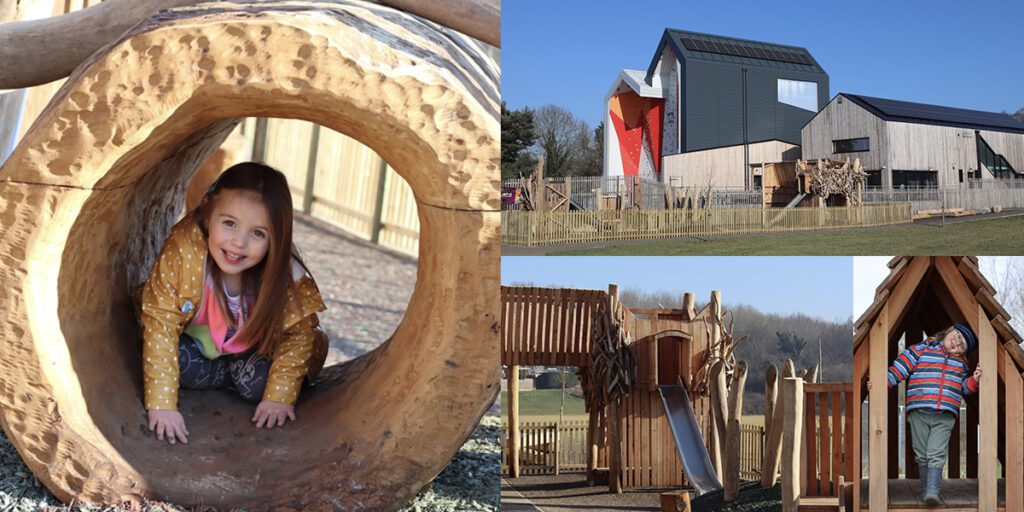 A collage of images of the play park at The Arc. A young girl smiles as she crawls through a tube, we see wide shots of the whole park including a slide and a girl leaning on the doorframe or a little cabin. The play park is primarily made from wood.
