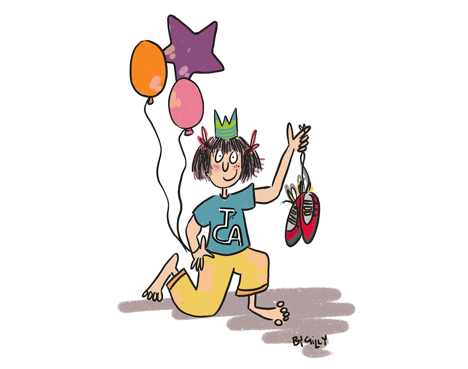 An illustration if a young climber kneeling whilst wearing a party hat, holding up climbing shoes and balloons