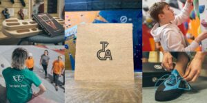 A TCA Gift card surrounded by 4 pics: a beastmaker fingerboard, a TCA t-shirt, a child climbing and someone trying on new climbing shoes.