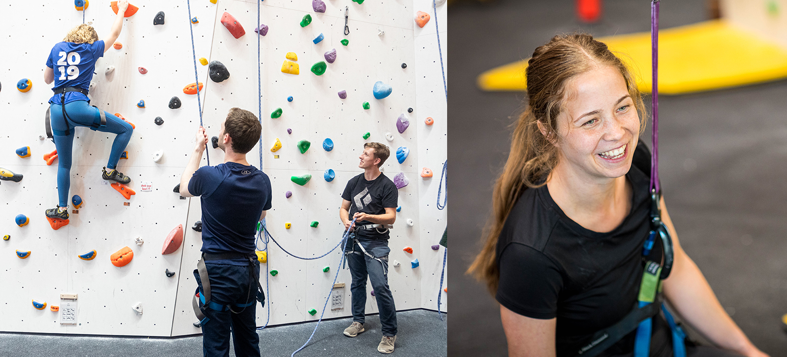 A coach helps someone to climb while someone else learns to belay. In another image a woman is smiling after climbing