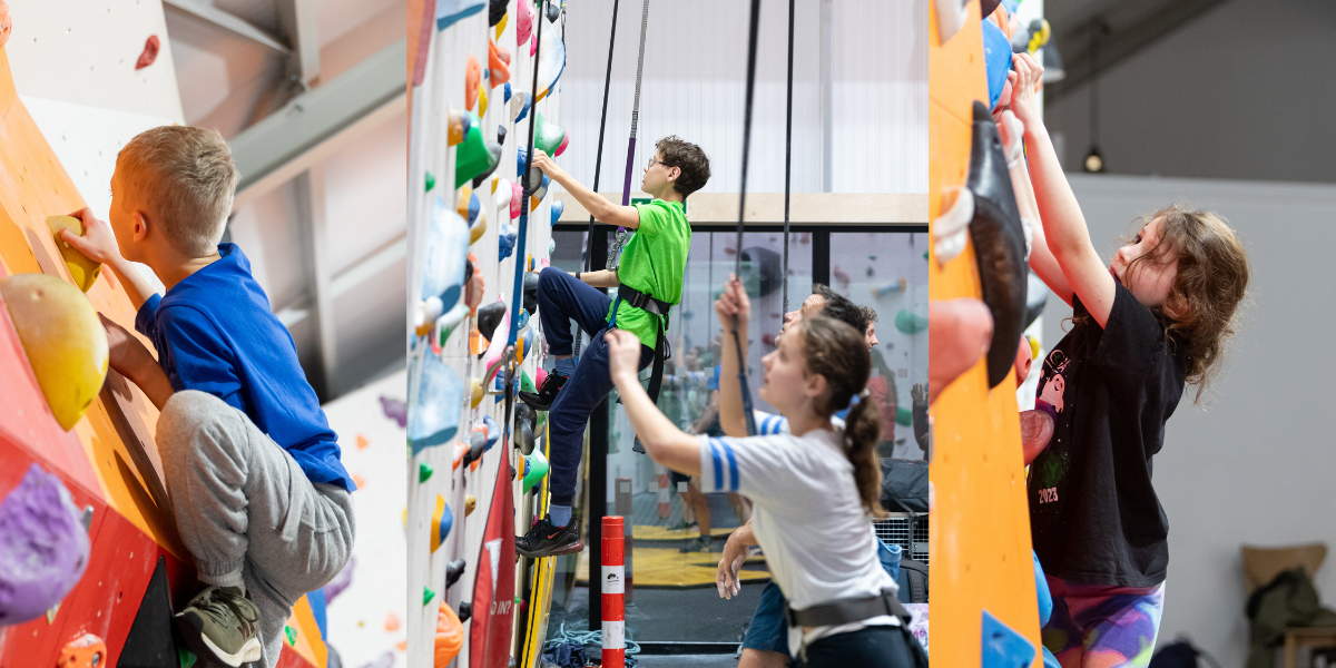 Selection of kids bouldering and climbing indoors