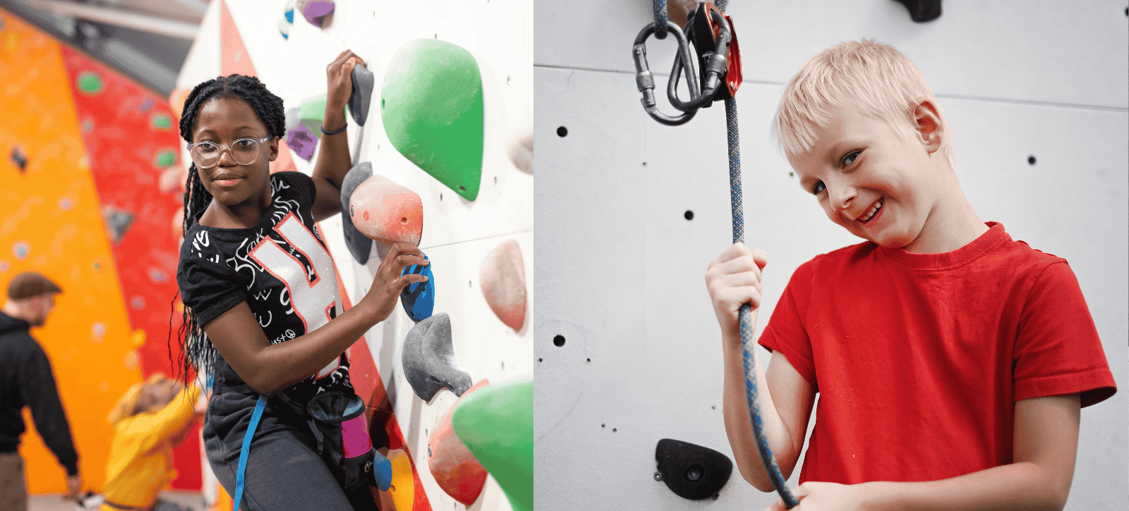 We see a young girl bouldering and a young boy shyly smiling while he holds a rope.
