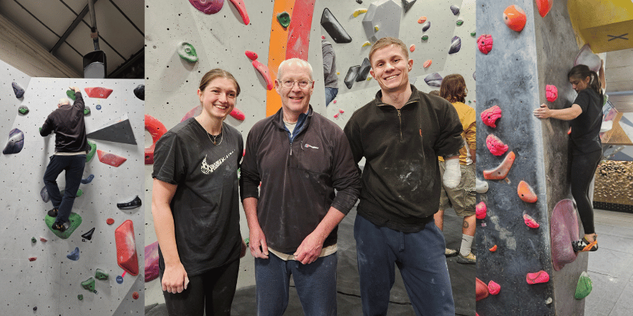 £ members of the Paraclimbing Social stand side-by-side smiling at the camera. Either side of this we see images of two members bouldering