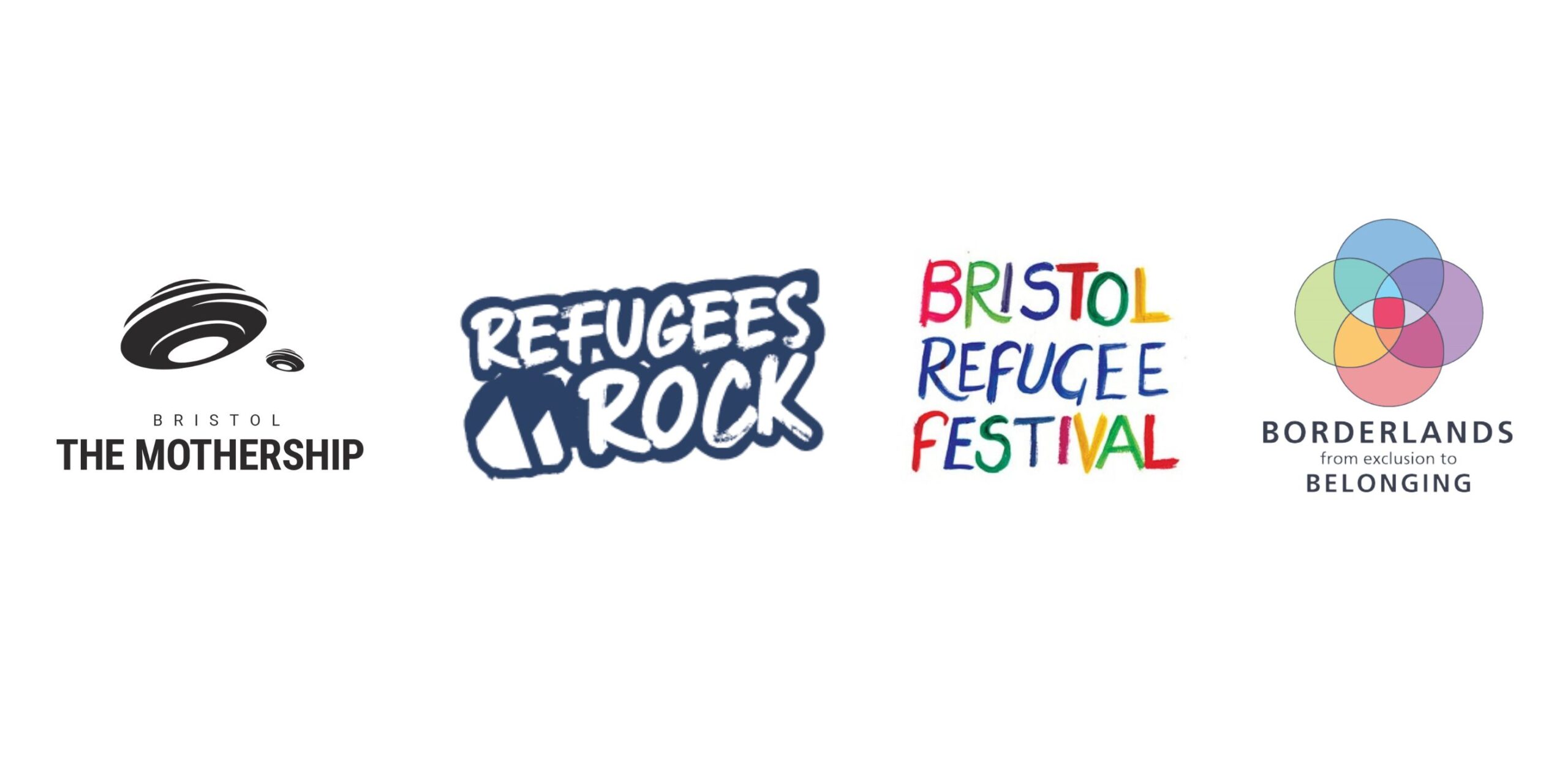 Logos for Refugees Rock, The Mothership, Bristol Refugee Festival and Borderlands