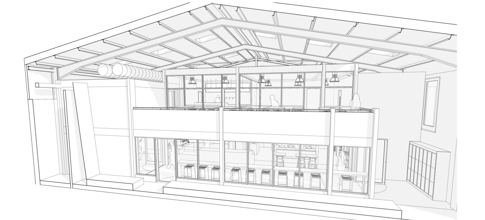 A graphic illustration of how the upstairs in The Mothership will look after a refurb with a balcony cafe.