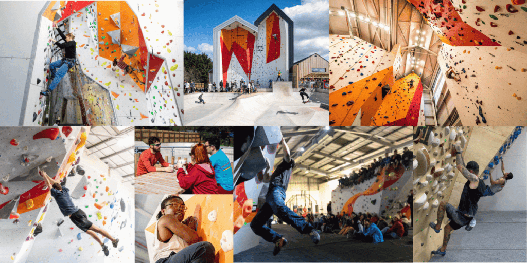 A collage of pics from all 3 SW centres, including varied people bouldering and roped climbing. We also see the exterior climbing wall and skatepark at The Arc, a competition climber competing at The Arc in front of a crowd (some of whom are sitting on top of the top-out boulder) and some people sitting at wooden benches outside The Arc, enjoying drinks and chat.