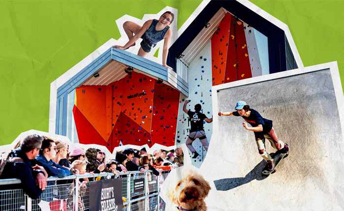 A collage of pics of the outside climbing wall at The Arc, a climber mantling the top of the centre, plus a skater, a wee dog and some spectators.