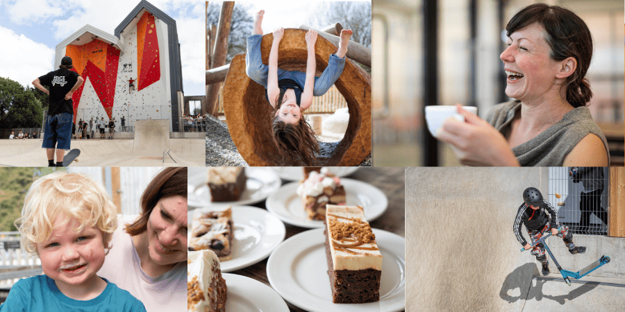 A collage of pics showing the skatepark overlooked by the outside climbing wall, cakes, people enjoying the cafe indoors and out plus a child hanging upside down at the edge of a wooden tunnel. 