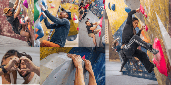 A collage of varied climbers a a comp at The Newsroom plus 2 climbers making a little heart by joining hands together 
