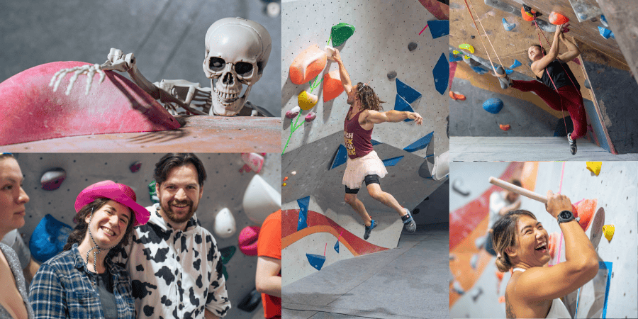 A collage of climbers in fancy dress with some doing silly problems (e.g. climbing with plungers instead of hands) plus a skeleton bouldering