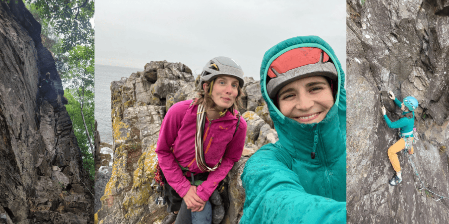 A collage of 3 images. L: a sport climber at Weem, Centre: Two climbers take a smiling selfie at the top of a trad route. R: a trad climber at Logie head