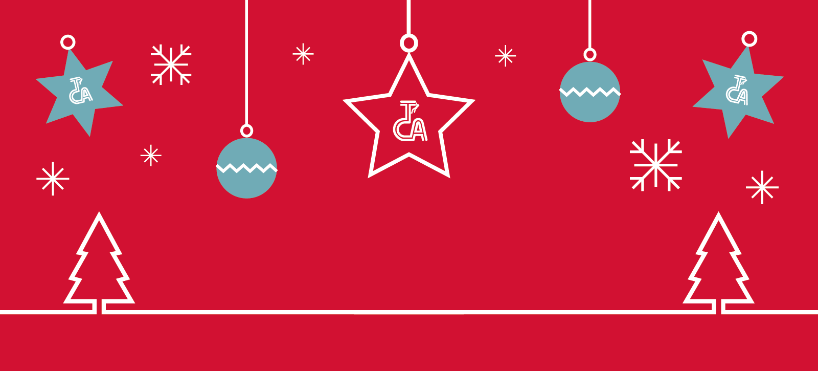Christmas themed graphic illustrations of baubles, trees and stars.