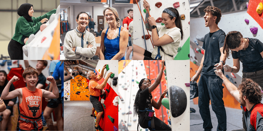 A collage of lots of different people bouldering or roped climbing