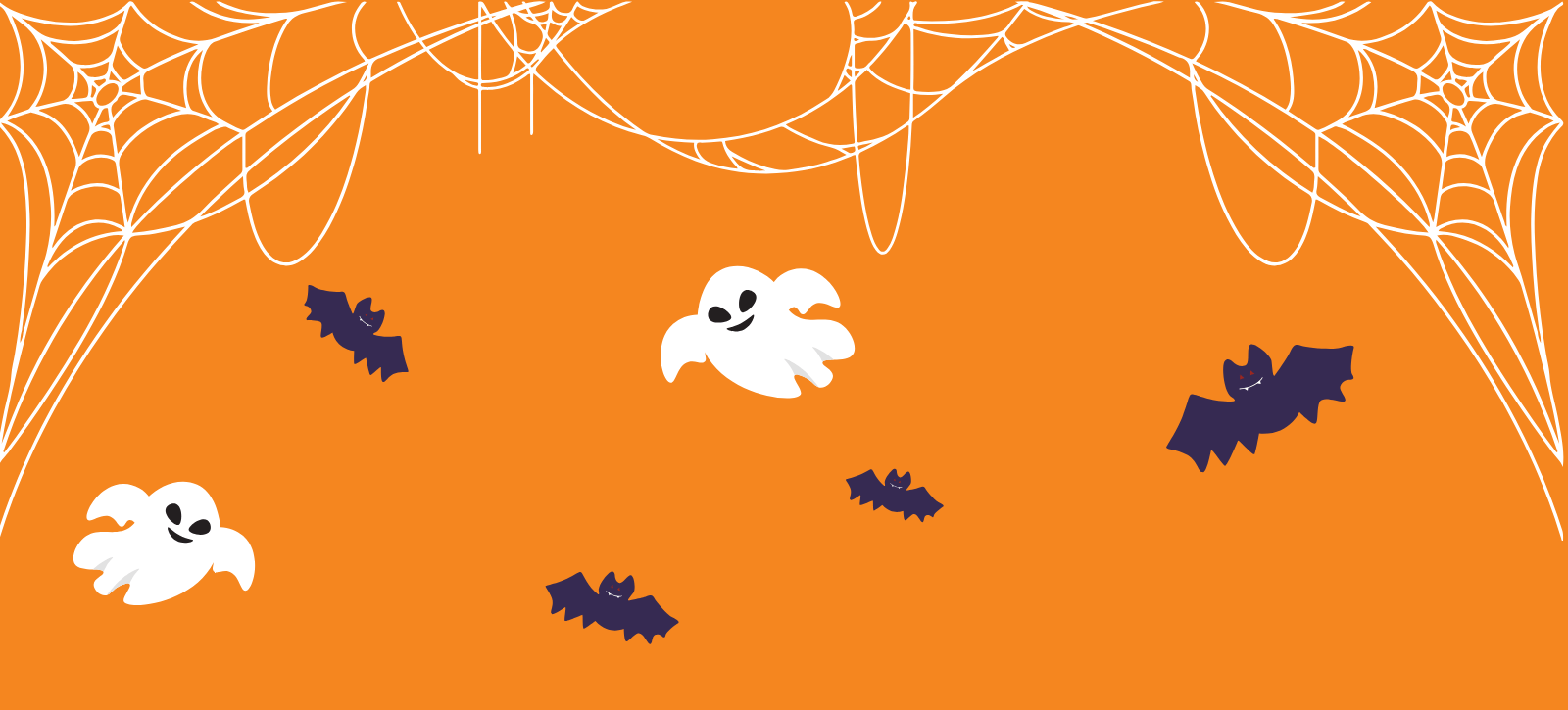Halloween graphics of webs, ghosts and bats