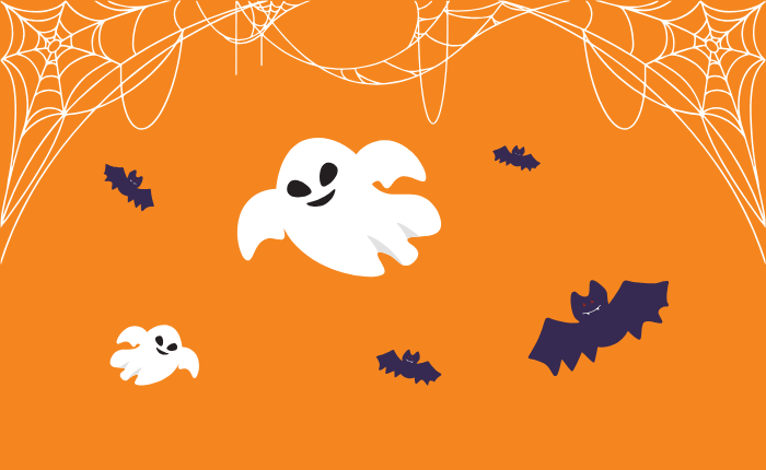 Halloween graphics of webs, ghosts and bats