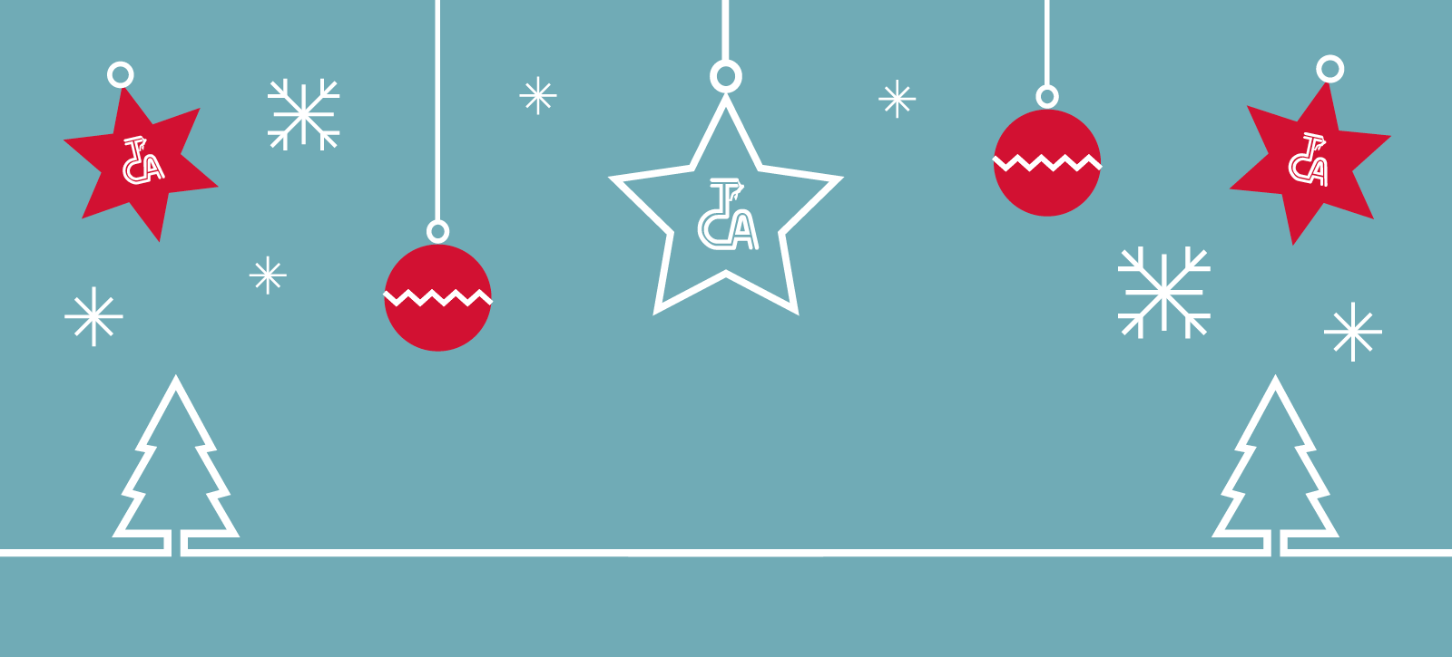 Christmas themed graphic illustrations of baubles, trees and stars.