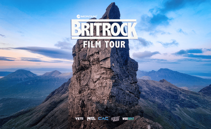 BritRock Fim Tour written over the top of an epic image of a climber on a stunning rockface
