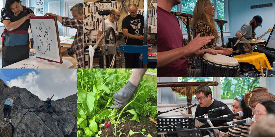 A collage of other Common Wheel activities including music, screen printing, gardening, climbing outside and bike maintenance.