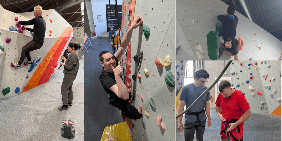 A collage of Common Wheel participants climbing at The Prop Store. We see both bouldering and roped climbing