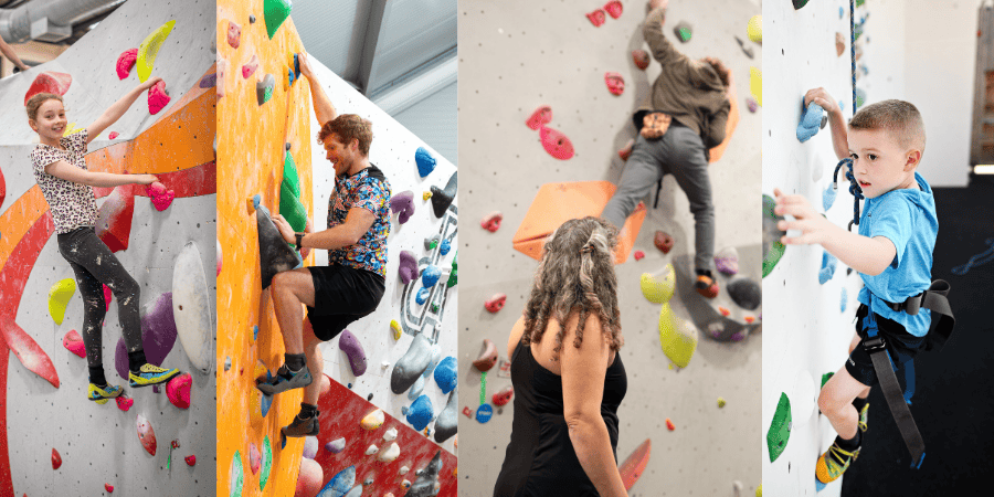 A collage of different climbers looking happy and engaged. 