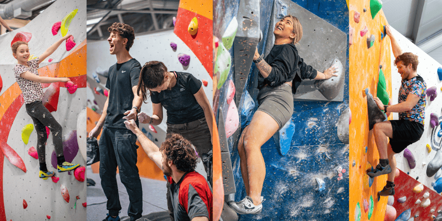 A collage of TCA climbers smiling as they climb, along with 3 friends fist-bumping on the mats. 