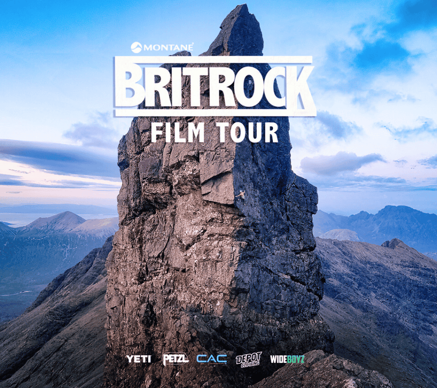 The BritRock Film Tour - images of climbers very small on a large column of rock.