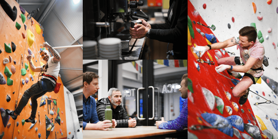 A collage of Peak Mindset people climbing and having a coffee together