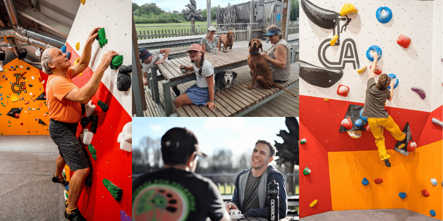 A collage showing an older man bouldering, a mixed age group sitting outside with dogs, two men enjoying the outside seating and another person bouldering from behind. 