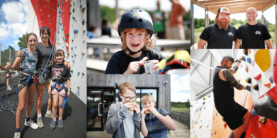 A collage of images from the last Arc Community Day - including a mum and kids in harnesses in front of the outdoor climbing wall, a child in a skate helmet enjoying an ice cream, two kids eating burgers, a man bouldering indoors and the Burt's Boards team at their stall.