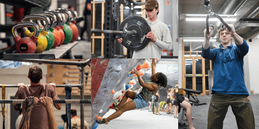 A collage of people weight training with free weights and a machine, some hanging on a bar and someone climbing - all at TCA
