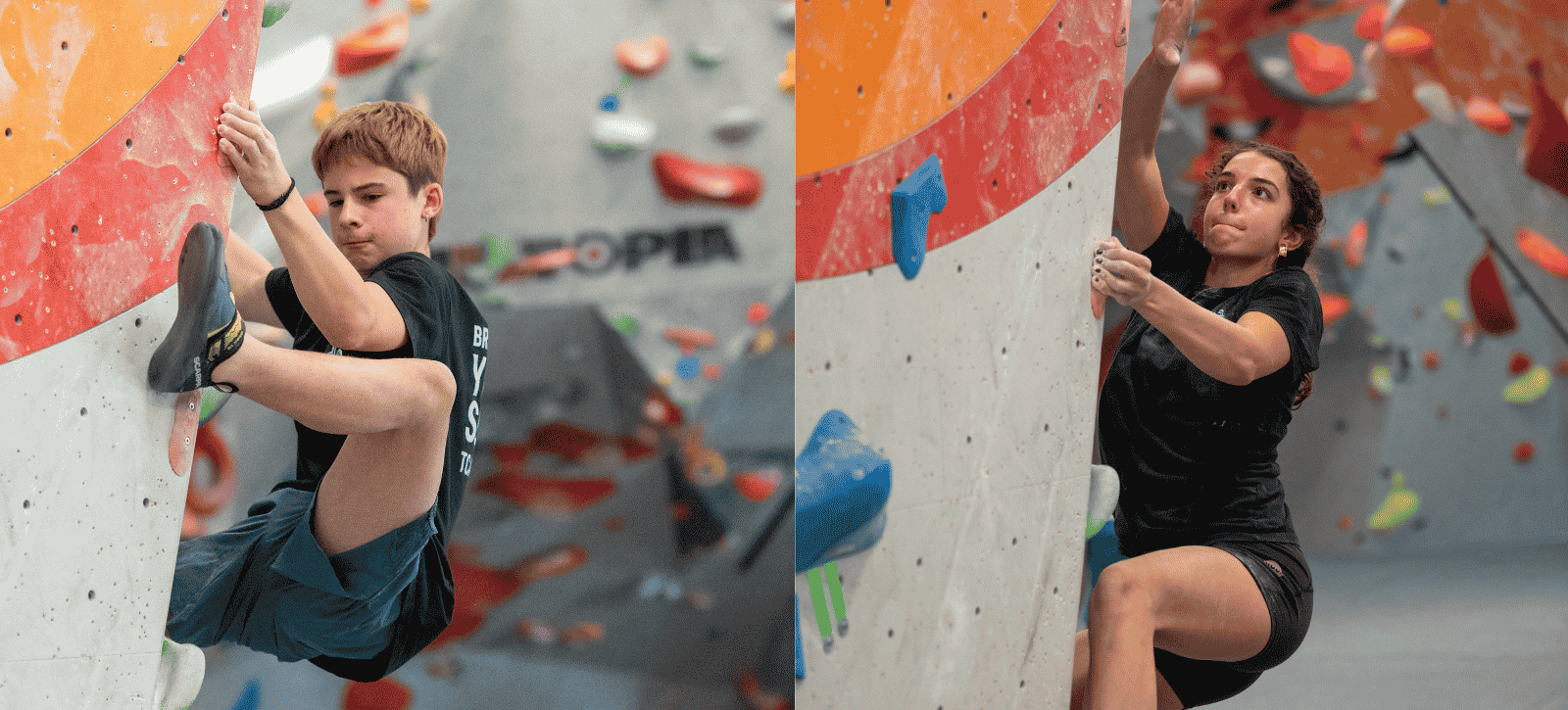 Images of two young climbers on technical climbs - both with concentration faces.