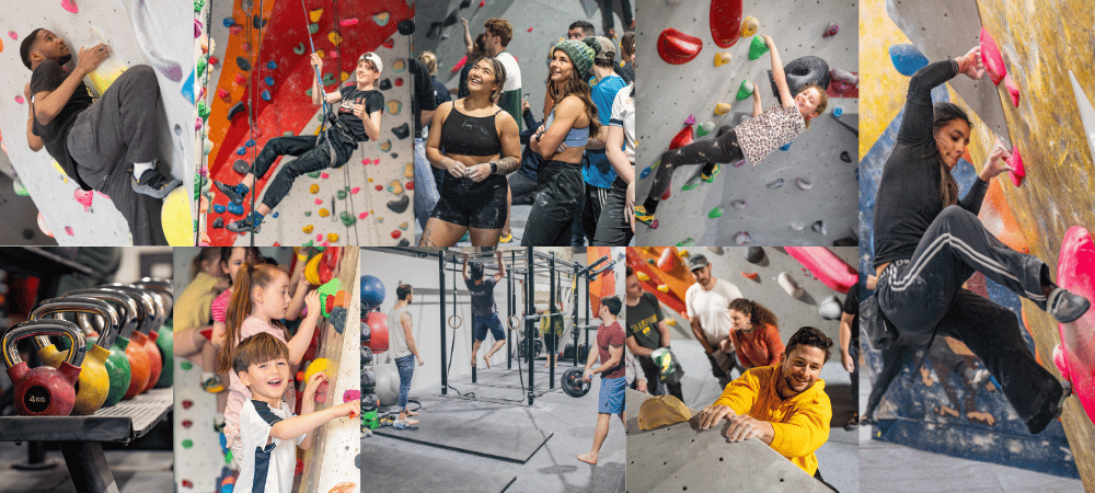 A colourful collage of lots of different people of all ages and backgrounds bouldering and roped climbing in different TCA centres