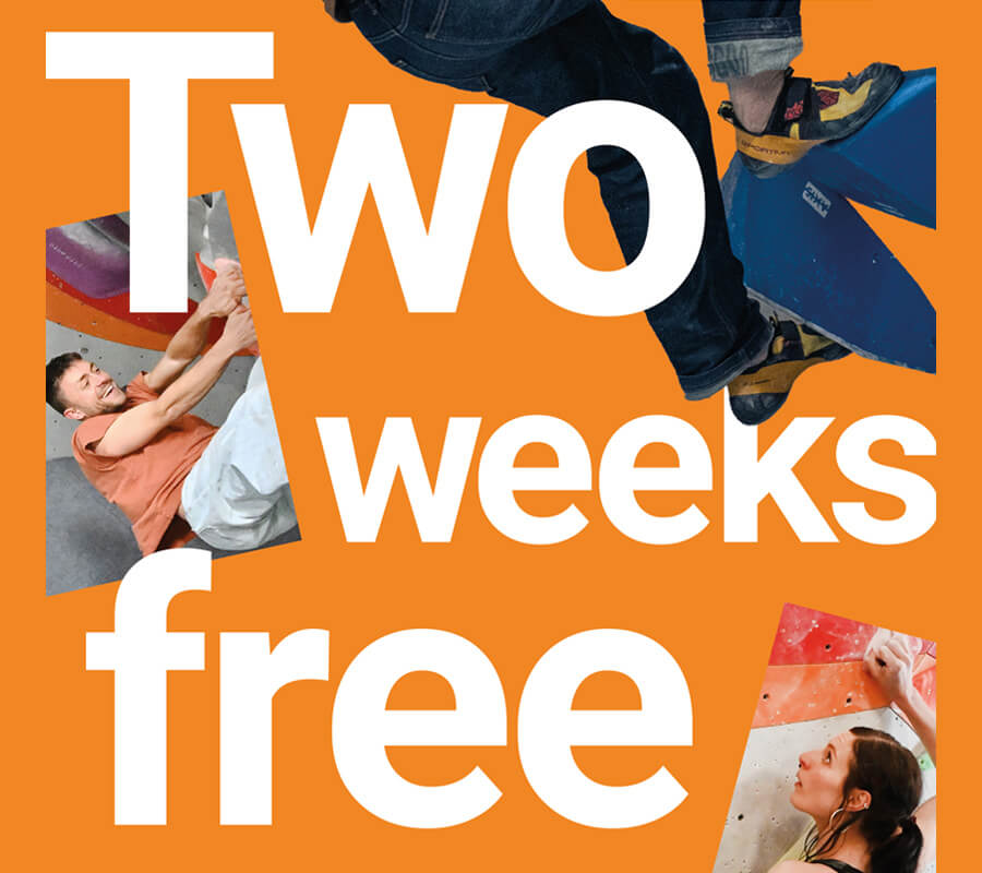 A graphic saying Two Weeks Free with cut-outs showing 3 climbers