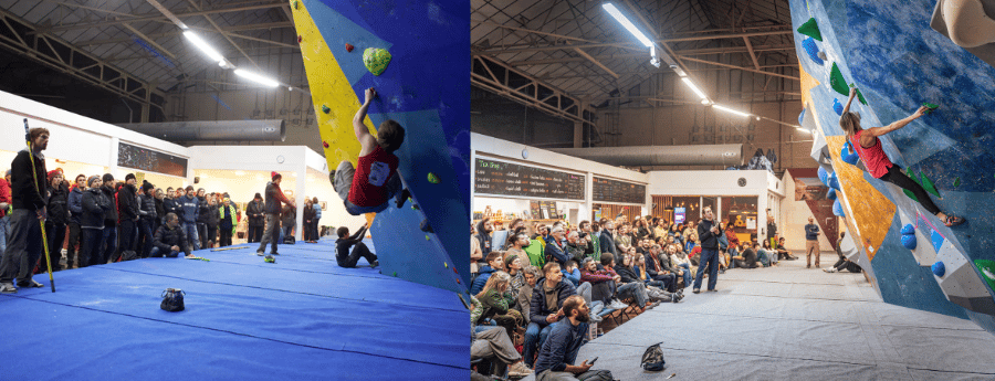 A then and now comparison of a crowd watching a final at the comp wall in The Newsroom. L: by Jen Randall, Light Shed Pictures R: by Edge Photography