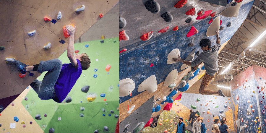 A then and now shot of a climber on a steep overhang in the cave at The Newsroom. L: by Jen Randall, Light Shed Pictures R: by Edge Photography