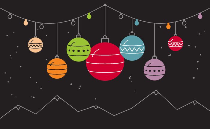A graphic with Christmas lights, baubles and stylised mountains.